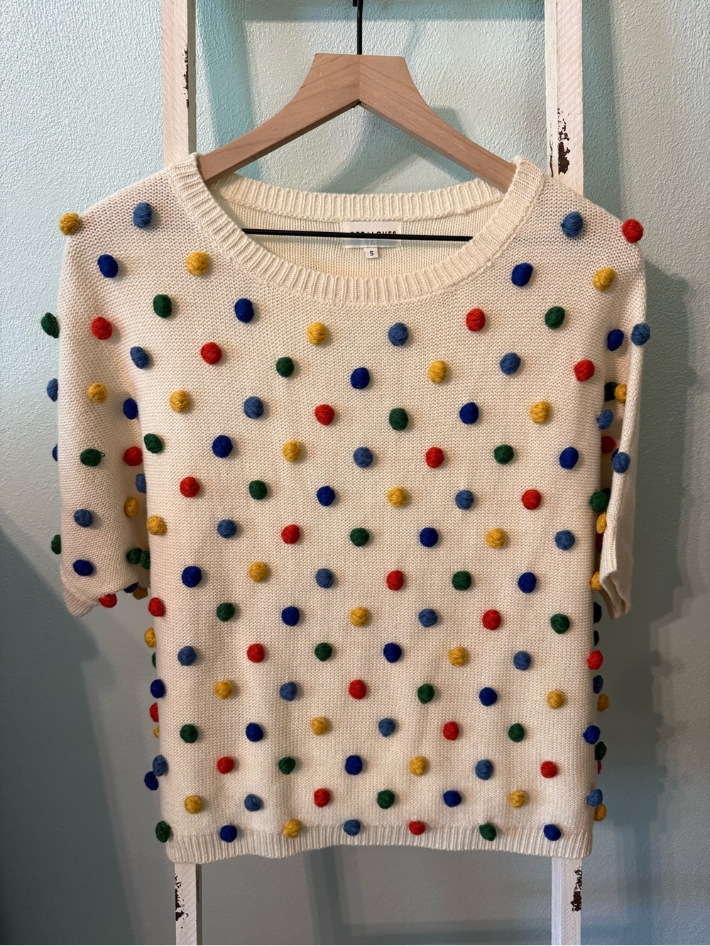 Anthropologie Pepaloves Women’s Cream Primary Pommed Short Sleeve Sweater Size S
